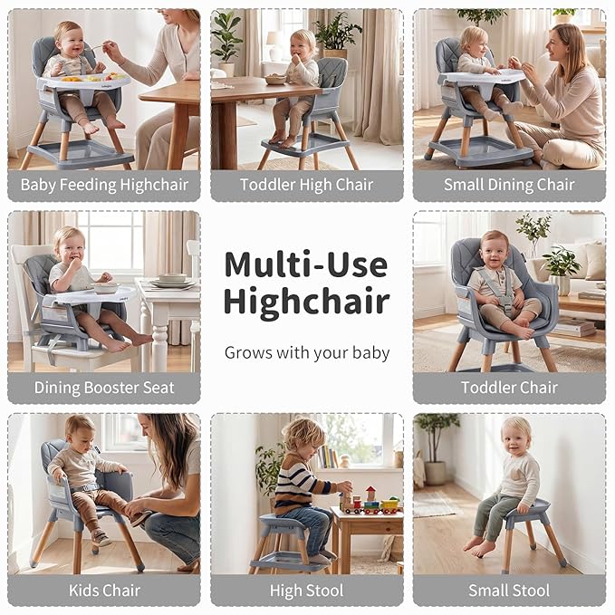 BABY JOY 8-in-1 High Chair, Convertible Wooden Highchairs for Babies and Toddlers | Dining Booster Seat | Toddler Stool, Double Removable Tray, 5-Point Safety Harness & Waterproof PU Cushion (Gray)