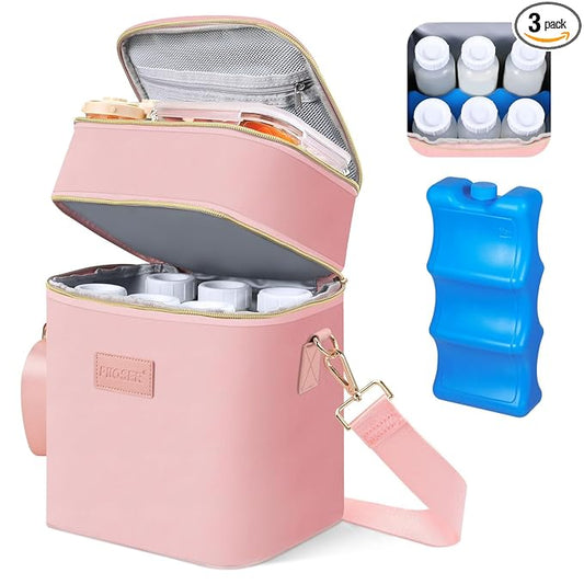 PIIOSER Breastmilk Cooler Bag with Ice Pack Fits 6 Baby Bottles Up to 9 Ounce, Insulated Baby Bottle Tote Bags, Double Layer Waterproof Leak-Proof with Shoulder Strap for Nursing & Working Mom (Pink)