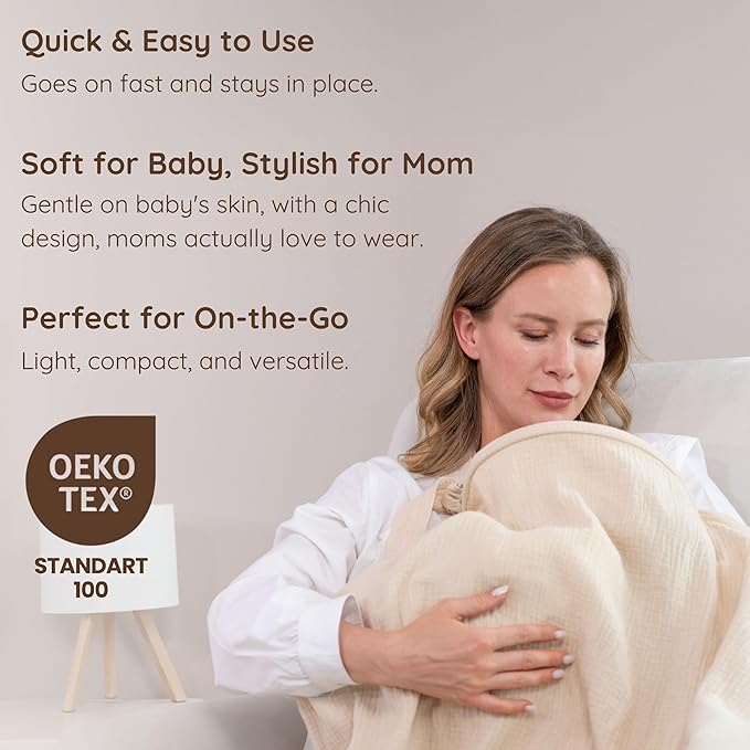 Muslin Nursing Cover Up for Breastfeeding, 47"x47" Cotton Muslin Breastfeeding Covers for Nursing, Full Coverage Breast Feeding Covers, Pumping Cover Oeko-TEX Designed in France - Neutral Beige