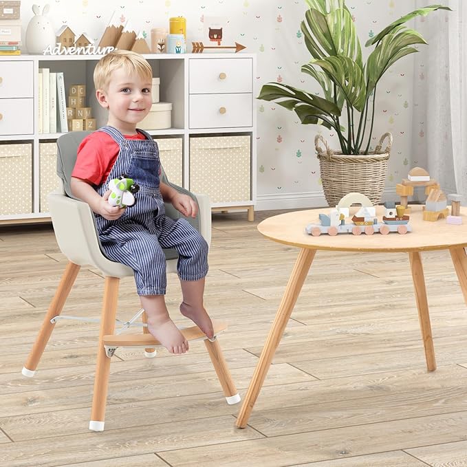HONEY JOY Baby High Chair, 6-in-1 Eat & Grow Wooden Highchair/Toddler Chair with Removable Tray, 5-Point Harness, PU Cushion and Footrest, Convertible High Chair for Babies and Toddlers(Gray)