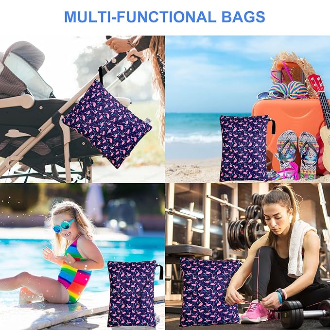 FLOCK THREE Washable and Reusable Wet Bag Diaper Bag Water Resistant Swimming Bag Travel Toiletries Pouch Flamingos Birds Zippered 12.6'' x 16.5''