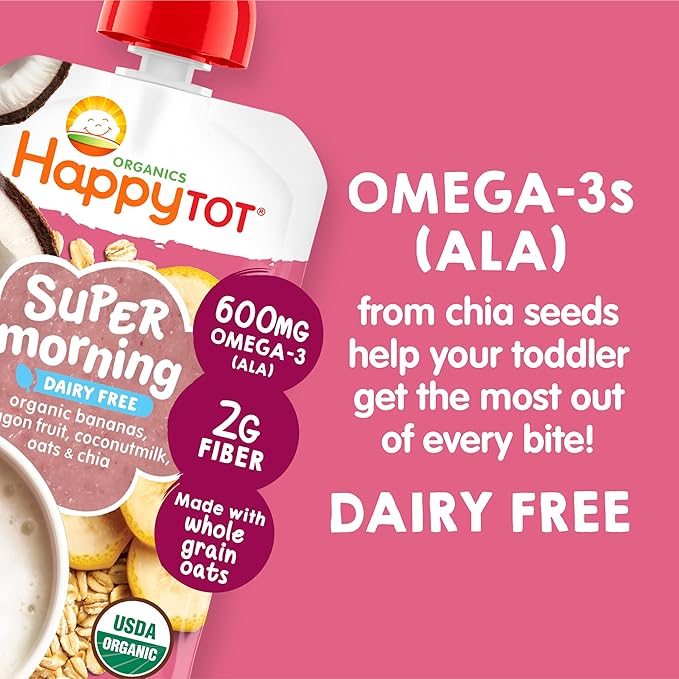 HAPPYTOT Organics Stage 4 Baby Food Pouches, Gluten Free, Vegan & Dairy Free Snack, Super Morning Fruit & Oat Blend, Bananas, Dragon Fruit, Coconutmilk, Oats & Chia, 4 Oz (Pack of 16)