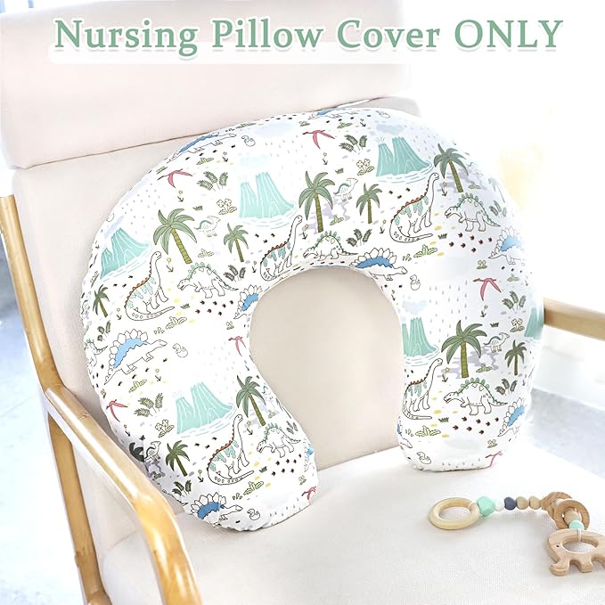 SWESEN 2 Pack Nursing Pillow Covers, Ultra Soft Nursing Cover for Breastfeeding Pillows, Stretchy Nursing Pillow Slipcover for Baby Girls Boys, Fits Standard Baby Pillow, Dinosaurs, Green