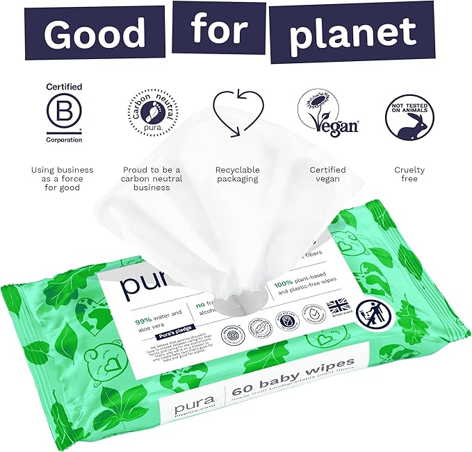 Pura Natural Sensitive Baby Wipes, 99% Water, Unscented & Hypoallergenic, Suitable for Sensitive & Eczema-prone Skin, Fragrance Free & Hypoallergenic, EWG Verified, 3 x 60 per pack (180 Wipes)
