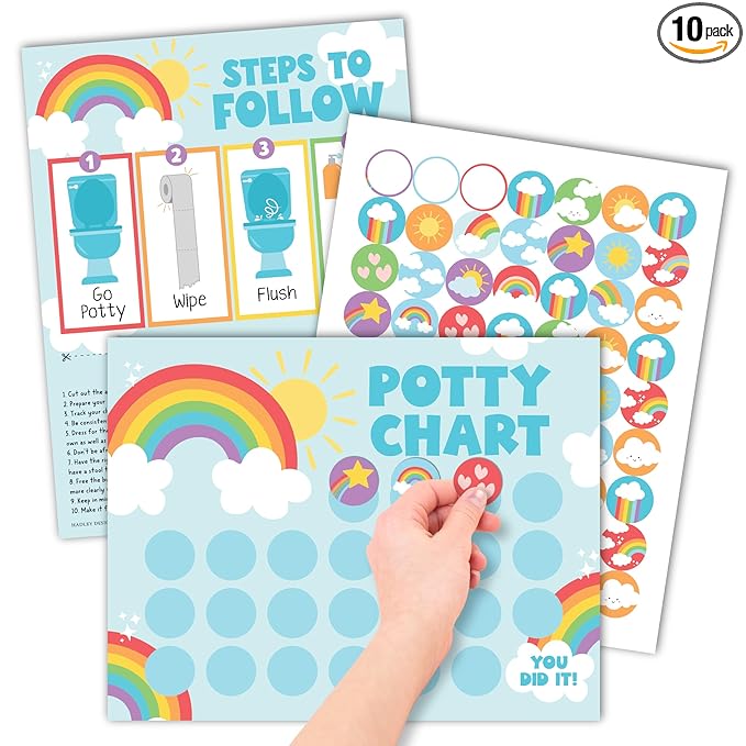 Hadley Designs Potty Training Chart for Toddlers Boys -10 Sticker Potty Chart for Toddlers Girls, 8.5x11" Potty Training Sticker Charts for Toilet Success, Rainbow Toddler Reward Chart for Kids