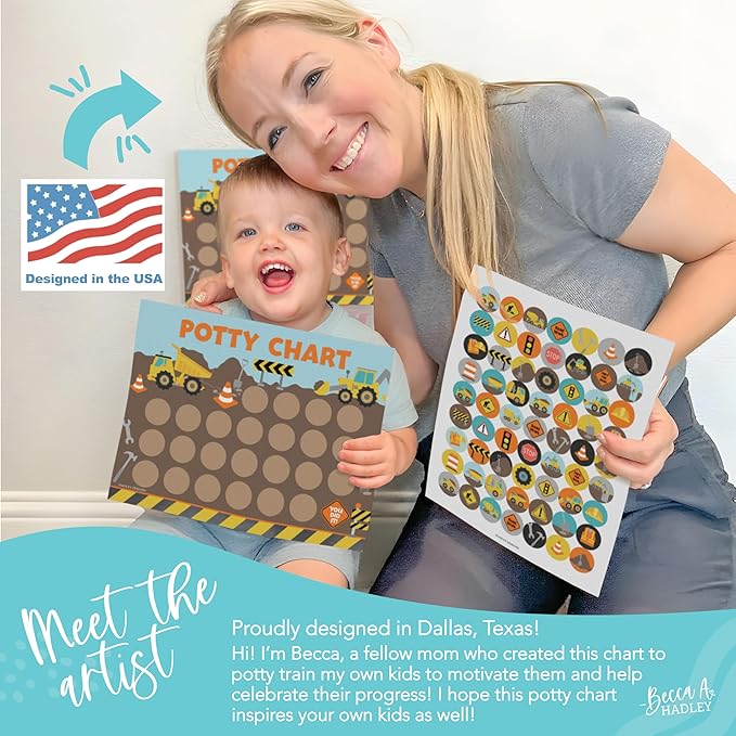 Hadley Designs Potty Training Chart for Toddlers Boys -10 Sticker Potty Chart for Toddlers Boys, 8.5x11" Potty Training Sticker Charts for Toilet Success, Construction Toddler Reward Chart for Kids