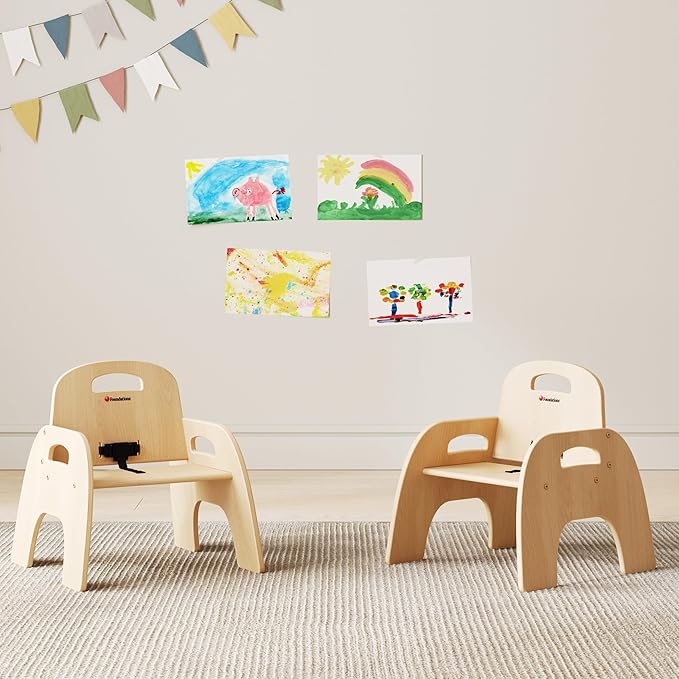 Foundations Simple Sitter Low Wood Feeding Chairs Multipack, Wide No-Tip Base, Adjustable Safety Harness, Stackable Wood Toddler Chairs with Wipeable Finish, 2 Pack, 9 inch
