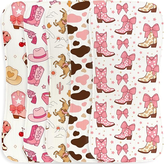 5 Pack Baby Burp Cloths, Soft Cotton Pink Cowgirl & Western Theme Burp Cloths, Super Absorbent Cute Cowboy Boot & Heart Print Washcloths, Newborn Baby Girl Essentials Gift Set