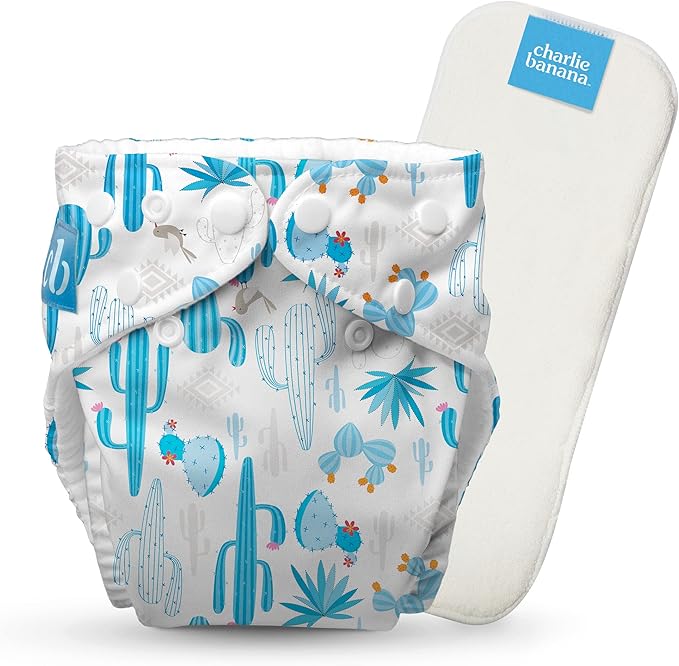 Charlie Banana Cloth Diapers, Reusable, Washable, Adjustable One Size Diaper, for Babies and Toddlers, with Absorbent Insert - Cactus Azul, 1 Pack