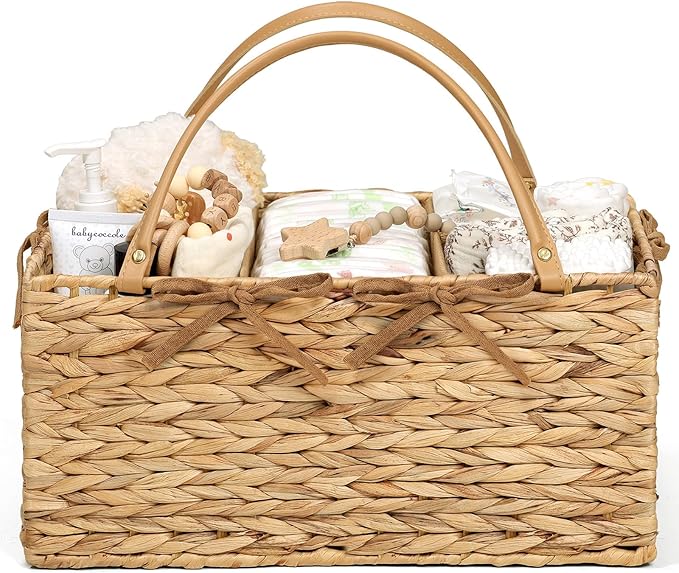 Diaper Caddy Organizer, Hand Rattan Nursery Storage Basket for Baby Essentials, Baby Changing Table Organizer Perfect Nursery Assistant, Easy Assemble (Natural Light, L)