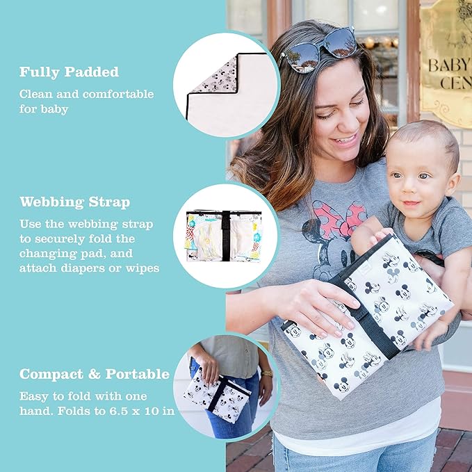 Disney Baby by J.L. Childress Full Body Portable Changing Pad for Babies - Diaper Changing Mat for Travel, Baby Accessory Essentials, Wipeable & Water-Resistant, Foldable - Mickey Minnie Ivory