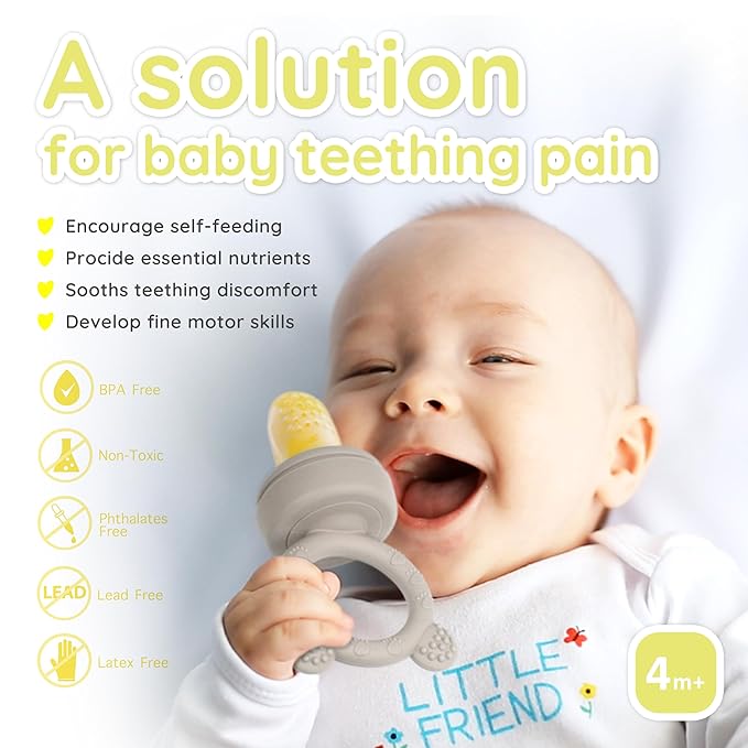 Baby Teething Relief teether, Breast Milk Popsicle Mold for purees .Silicone Baby Fruit Food Feeder for Safe Infant Self Feeding, BPA Freefor 3 Month+, (Light Grey)