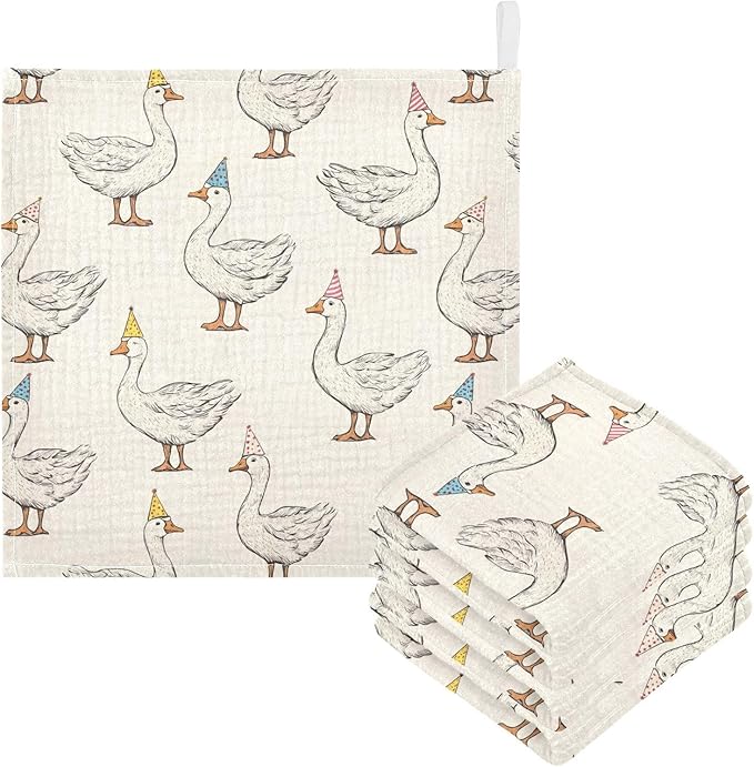 vvfelixl Baby Muslin Washcloths Goose with Birthday Hat Baby Burp Cloths Cotton Babys Face Towel for Newborn Infants Boys Girls Soft and Absorbent 11.8 X 11.8 in, 3 Pack