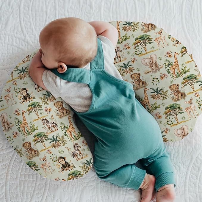 Safari Jungle Animals Baby Nursing Pillow Covers for Boy Girl Lion Zebra Monkey Giraffe Elephant Trees Nursing Slipcovers for Breastfeeding Pillows African Animal Soft Stretchy Cover for Newborn