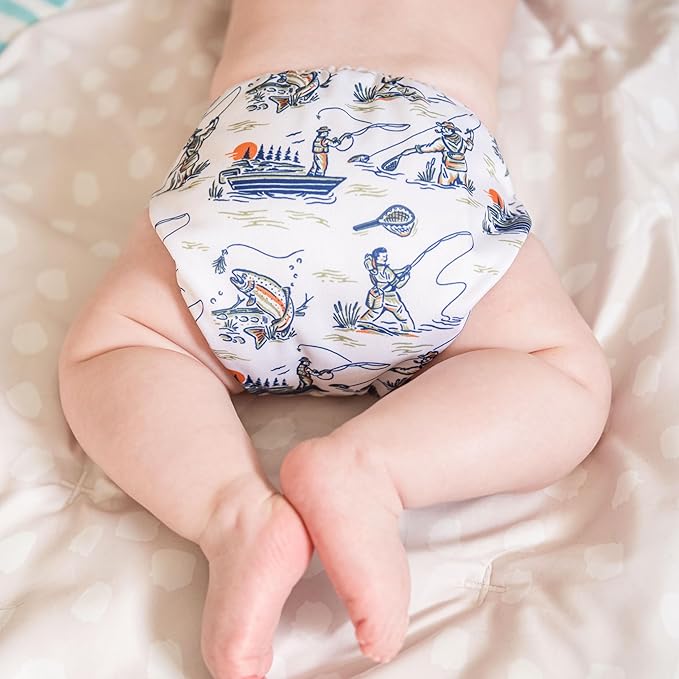 Kinder Cloth Diapers Reusable Baby Diapers Pocket Style Athletic Wicking Jersey, Bamboo Viscose Inserts, Wet Bag, Newborn to Potty Training 7-60lbs, One Size (Great Outdoors, 5 Pack, with Inserts)