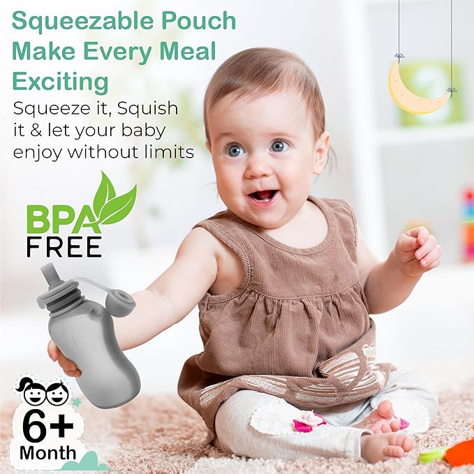 TEAMKO Silicone Reusable Baby Food Pouches: BPA-Free and Eco-Friendly, Baby Food Pouches Refillable for Feeding Essentials, 5 oz Reusable Pouches for Toddlers and Babies (3-Pack)