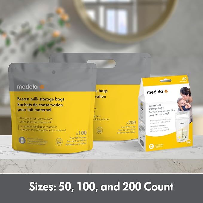 Medela Breast Milk Storage Bags, 100 Count, Ready to Use Breastmilk Bags for Breastfeeding, Self Standing Bag, Space Saving Flat Profile, Hygienically Pre-Sealed, White, 6 Ounce