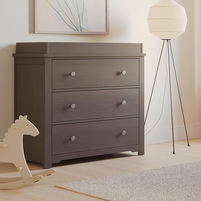 Child Craft Harmony 3-Drawer Dresser with Changing Table Topper, 38" W Nursery Dresser and Changing Station, Smooth Glides, Baby-Safe Finish, Dapper Gray