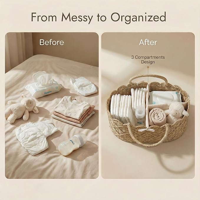 YANGQIHOME Diaper Caddy Organizer, Seagrass Nursery Baby Basket for Baby Essentials, Scalloped Wicker Diaper Caddy, Baby Shower Gifts (Diamond)