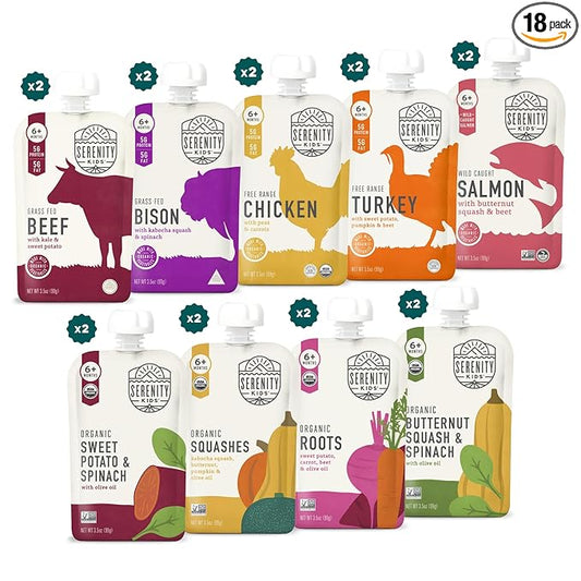 Serenity Kids 6+ Months Baby Food Puree Pouch - 5g Protein-Packed Toddler Snacks - Organic Meat & Veggie Food Pouches - Recyclable Containers for Toddler Meals - 3.5 Oz, Pack of 18
