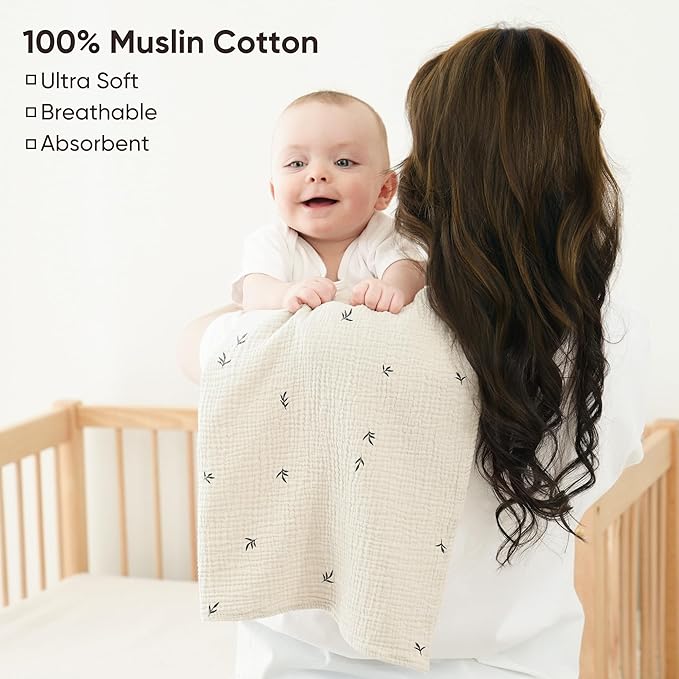 Bearmoss 6 Pack Muslin Burp Cloths for Baby, 100% Cotton Soft Large Burping Cloths for Unisex, Boy, Girl, 23.6" X 23.6" Newborn Essentials Absorbent Milk Spit Up Rags (White Apricot)