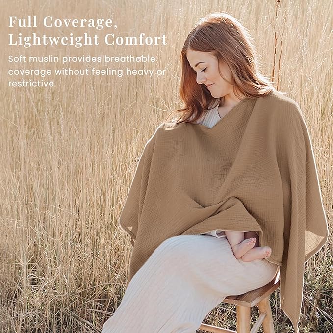 Konssy Muslin Nursing Cover for Breastfeeding, 360° Full Privacy Breathable 100% Cotton Breastfeeding Cover, Multi-use Carseat Canopy(Brown)