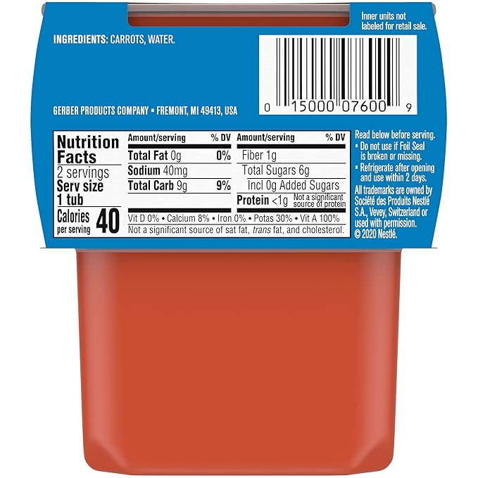 Gerber 2nd Food Baby Food Carrot Puree, Natural & Non-GMO, 4 Ounce Tubs, 2-Pack
