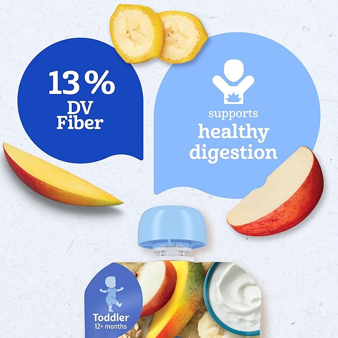 Gerber Toddler Food, Baby Food Pouches for Toddlers, Mango Banana Apple, Fruit Puree, Yogurt & Whole Grains, Fiber Helps Support Healthy Digestion, No Artificial Flavors, 3.5oz each (Pack of 12)