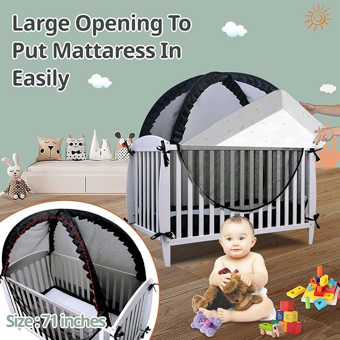 South to East Crib Tent, Pop Up Safet Crib Net to Keep Baby from Climbing Out, Breathable & Skin-Friendly Mesh Crib Cover, Strong and Firm X Metal Frame, Mosquito Netting for Baby, Black