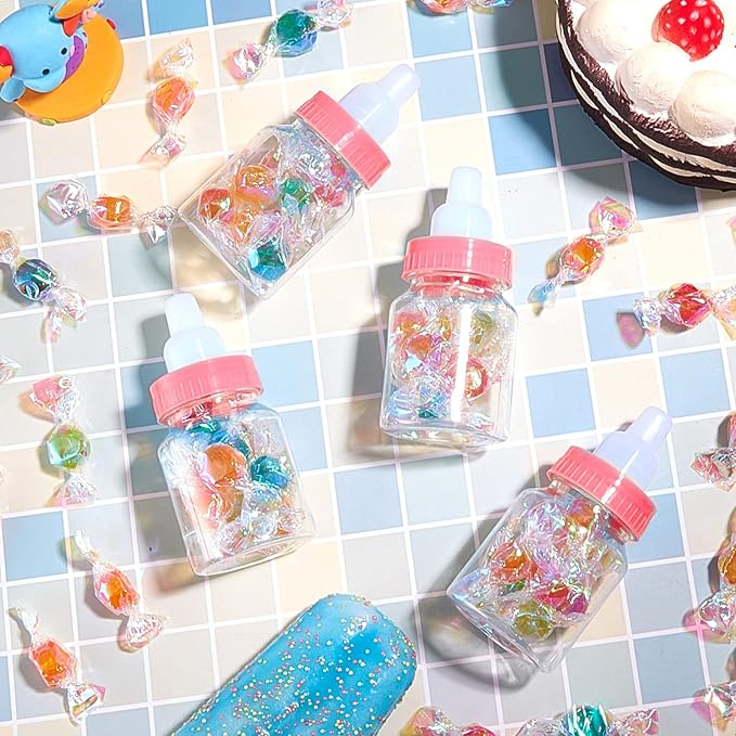 Tessco for you 72 Pcs 3.5 Inch Baby Bottles for Baby Shower Mini Plastic Bottle Party Favor Clear Candy Box for Guests Gift (Pink)