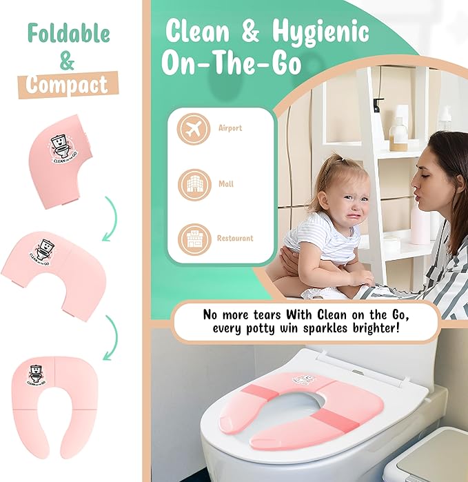 Travel Potty Seat: Portable w Carrying Case for Toddler Toilet Training, Foldable Non-Slip Silicone for kids public toilets, CLEAN ON THE GO (Pink)