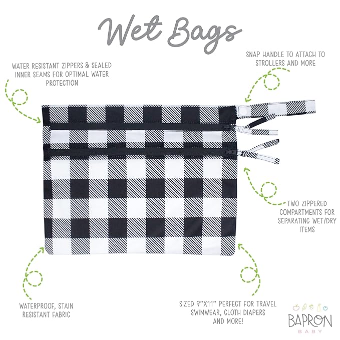 BapronBaby White Buffalo Plaid Wet Dry Bag - Waterproof Two Zipper Pockets - Reusable for Mealtime, Diapers, Stroller, Snacks, Swimsuits - Machine Washable - 11" x 9"
