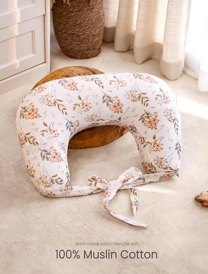 lulumoon Muslin Nursing Pillow Covers - 2-Pack Soft Cotton Slipcovers for Breastfeeding & Bottle-Feeding - Extension Strap for Snug Fit & No Sliding - Hidden Zipper Safety for Newborn Baby