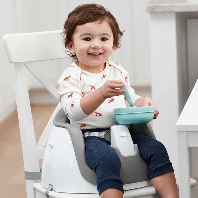 Regalo 2-in-1 Baby Floor Seat & Booster Seat with Tray, Sit-Up Support Chair for Infants & Toddlers, Portable Feeding Seat with Harness, Grow-with-Me Design, Indoor & Outdoor, White/Gray