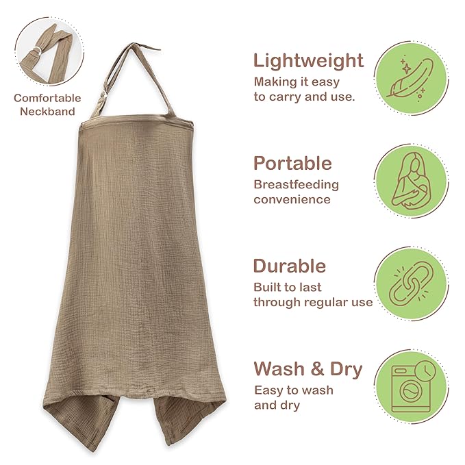 100% Organic Cotton Nursing Cover & Shawl - 43 x 28 Inch Breathable Muslin Breastfeeding Nursing Apron Cover with Arch Neckline for Mothers, Multi-use Carseat Canopy (Beige)