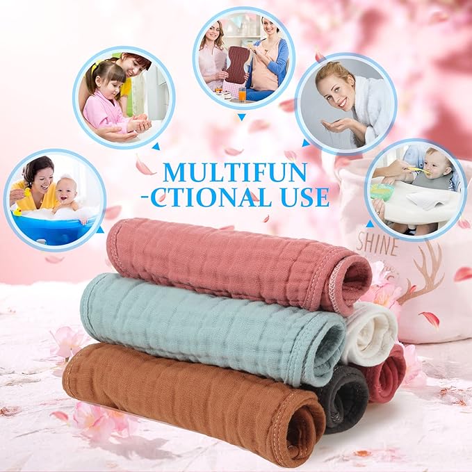 Frienda 6 Pieces Baby Muslin Burp Cloths Large 9 x 20 Inch 6 Layer Burp Cloth Multi Colors Muslin Washcloths Diapers Newborn Face Towels for Baby Boy Girl Unisex(Colorful)