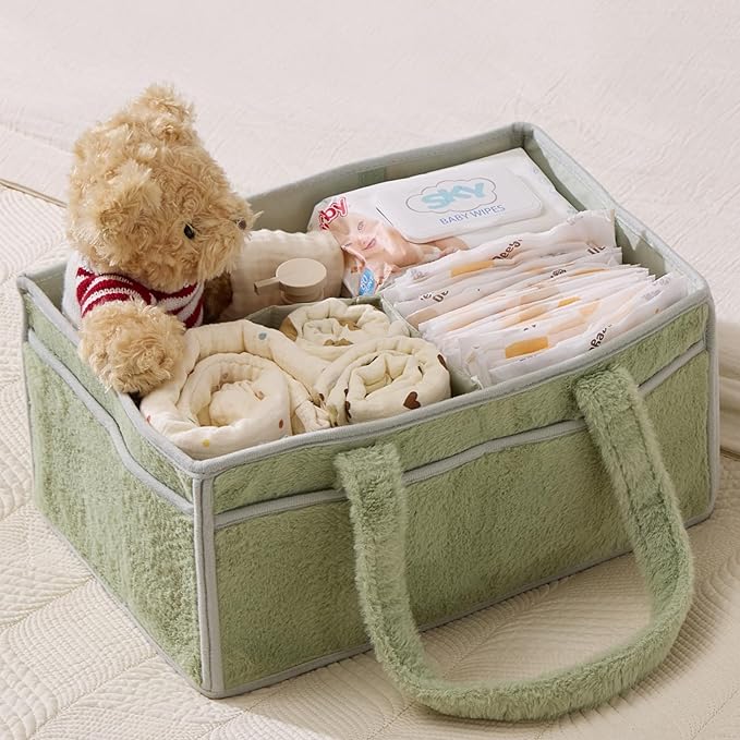 luxury little Soft Baby Diaper Caddy Organizer, Nursery Storage Basket with Removable Divider, Portable Baby Diapers Basket, Gifts for New Parent, Baby Shower (Green)