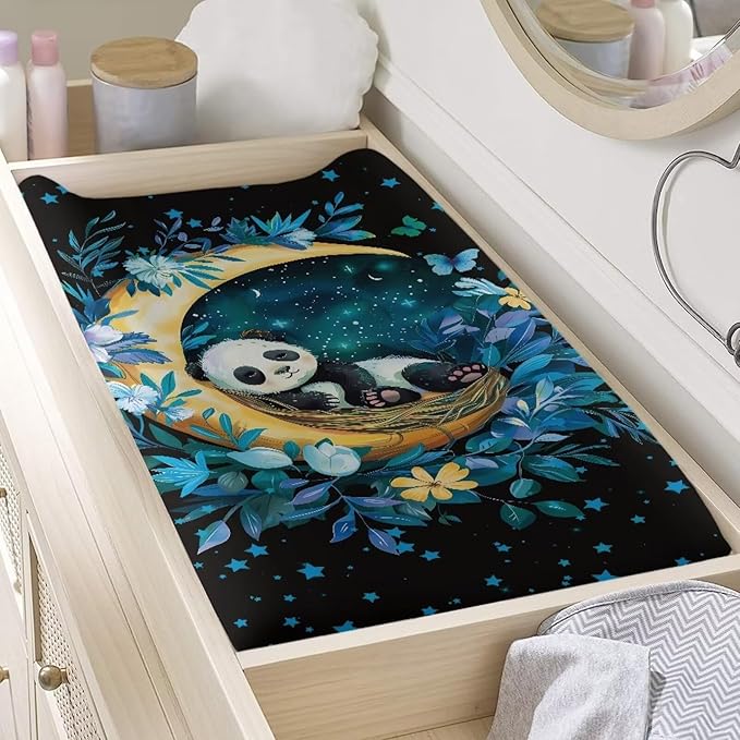 Moon Panda Flowers Changing Pad Covers Breathable Baby Diaper Change Pads Cover, Soft Changing Sheet for Newborn Unisex Babies