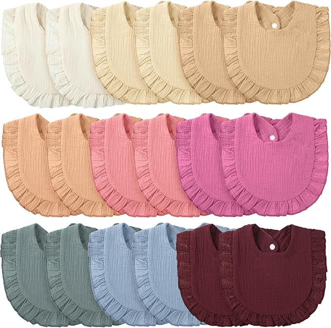 Kenning 18 Pcs Muslin Drool Baby Bibs Ruffle Absorbent Bib with Snap Button Boy Girl for Drooling Teething Infant Newborn