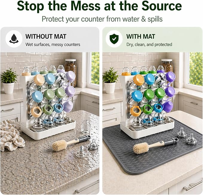 Baby Bottle Organizer and Drying Rack with Silicone Mat & Cleaning Brush - Space Saving Vertical Dryer for Breast Pump Parts, Bottles & Accessories - 12 Hooks, Removable Pacifier Box & Straw Holder