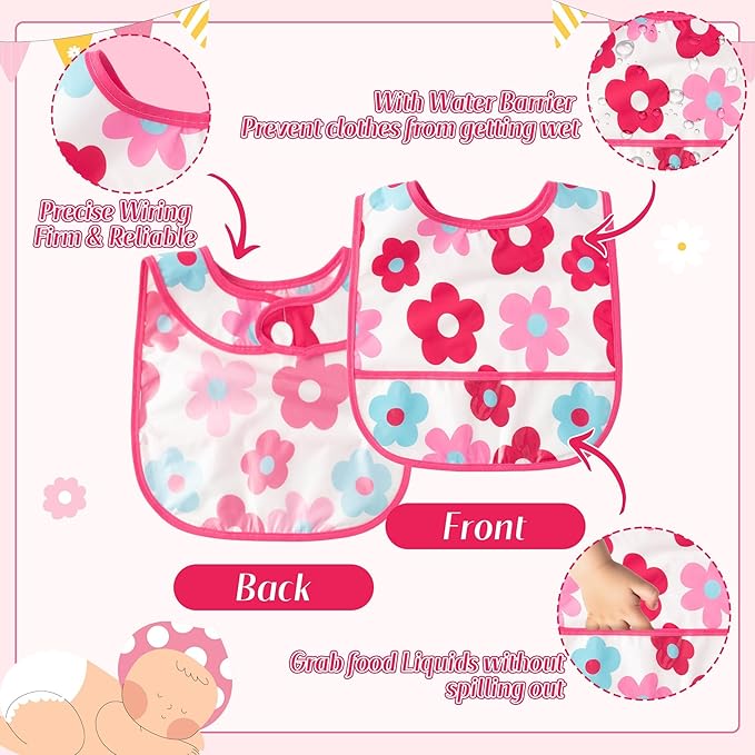 6Pcs Waterproof Toddler Bibs Baby Feeding Bib Set with Crumb Catcher Pocket, Infant Adjustable Baby Teething Bib, Babies Sleeveless Animals Food Bibs Keepsake Gift for Baby Shower, 6-24 Months
