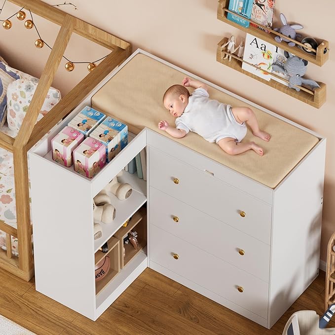 Modern Nursery Changing Table Dresser,Corner Baby Dressing Table with 5 Drawers,2 Open Storage Racks,Multi Functional Diaper Changing Station for Children's Rooms,for The Nursery, White