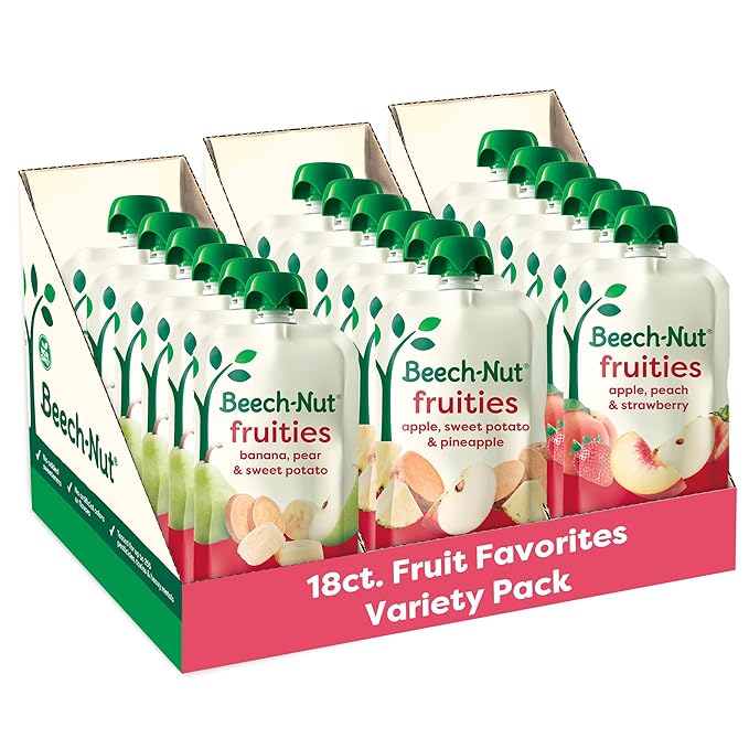Beech-Nut Stage 2 Baby Food Pouches Variety Pack, Fruit Purees for Babies, Non-GMO, Dairy-Free, 3.5 oz (18 Pack)