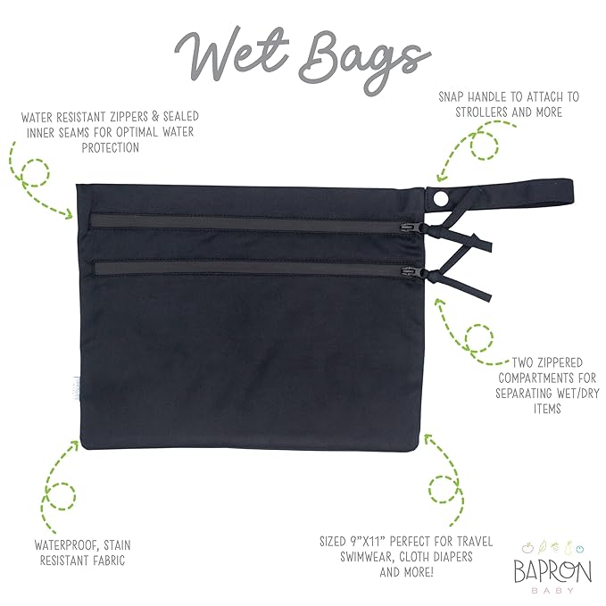 BapronBaby Minimalist Black Wet Dry Bag - Waterproof Two Zipper Pockets - Reusable for Mealtime, Diapers, Stroller, Snacks, Swimsuits - Machine Washable - 11" x 9"