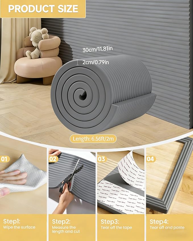 11.8''W Extra-Wide Edge Protector, 6.56FT 0.79''Th Baby Proofing Corner Guards, Safety Furniture Bumper, Pre-Taped, Thick Soft Rubber Foam Padding for Fireplace Table Stair Cabinet (Grey)