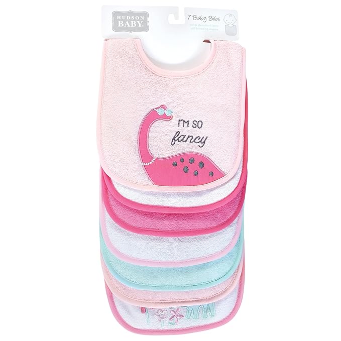 Hudson Baby Unisex Baby Cotton Terry Drooler Bibs with Fiber Filling, Girl Dino, One Size