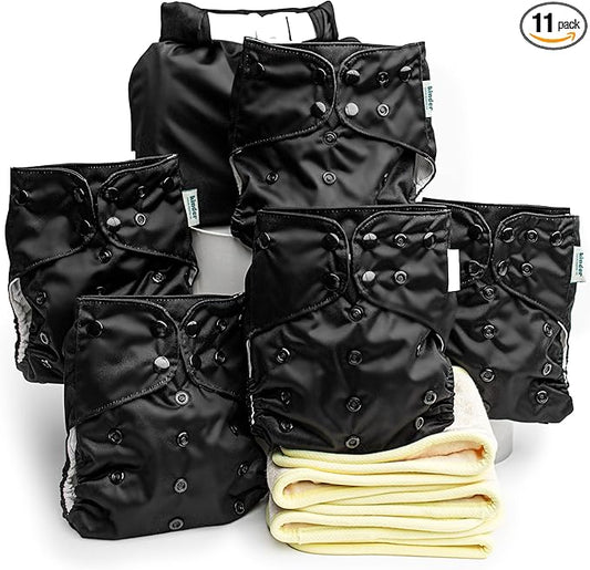 Kinder Cloth Diapers Set of 5 Reusable Baby Diapers Pocket Style Athletic Wicking Jersey, Bamboo Viscose Inserts, Wet Bag, Newborn to Potty Training 7-60lbs, One Size (Midnight)