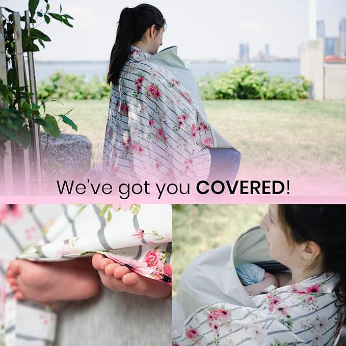 Nursing and Breastfeeding Poncho Patent Pending 360 Full Coverage Wired Nursing Cover and Apron - Breathable, Soft Cotton Carseat, Stroller Canopy Multifunctional Baby Shower Gifts (Pink Floral)