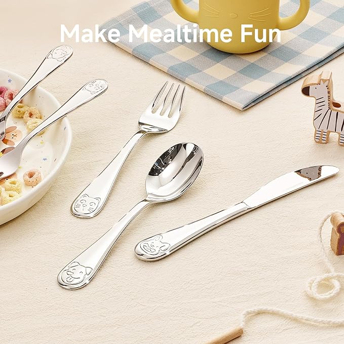 KINGSTONE Toddler Utensils Gift Set, 3-Piece Fork, Spoon & Knife, Large Size, 18/10 Stainless Steel, Cat & Dog Print, Ergonomic Kids Flatware for Self-Feeding, Ideal Birthday or Children Shower Gift
