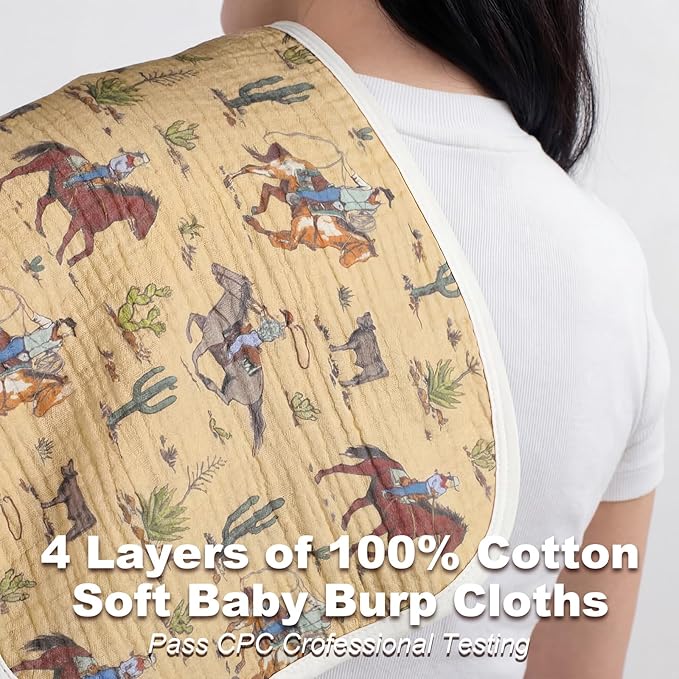Hahafelt 4 Pcs Western Cowboy Baby Burp Cloths 100% Cotton Absorbent & Soft Burping Cloth Newborn Towel 2-in-1 Large Size Baby Spit up Burping Rags Set for Boys and Girls Infant Newborn
